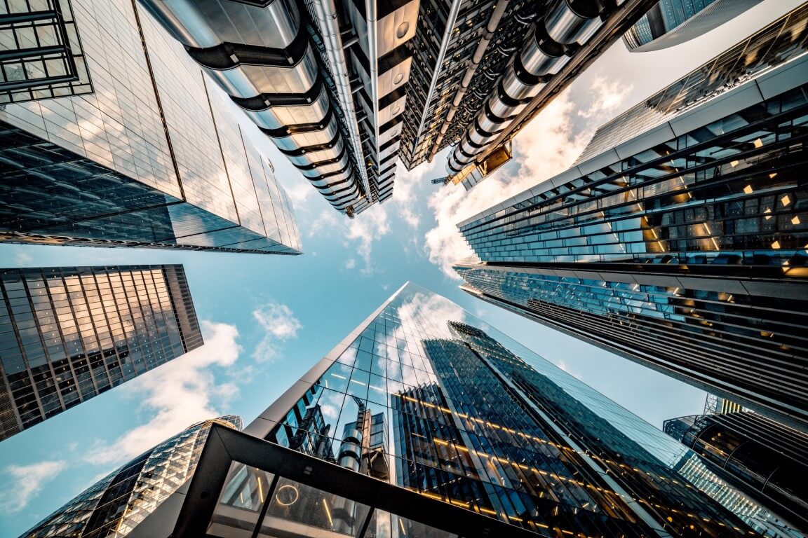 Picture of modern skyscrapers with the camera looking up towards the sky