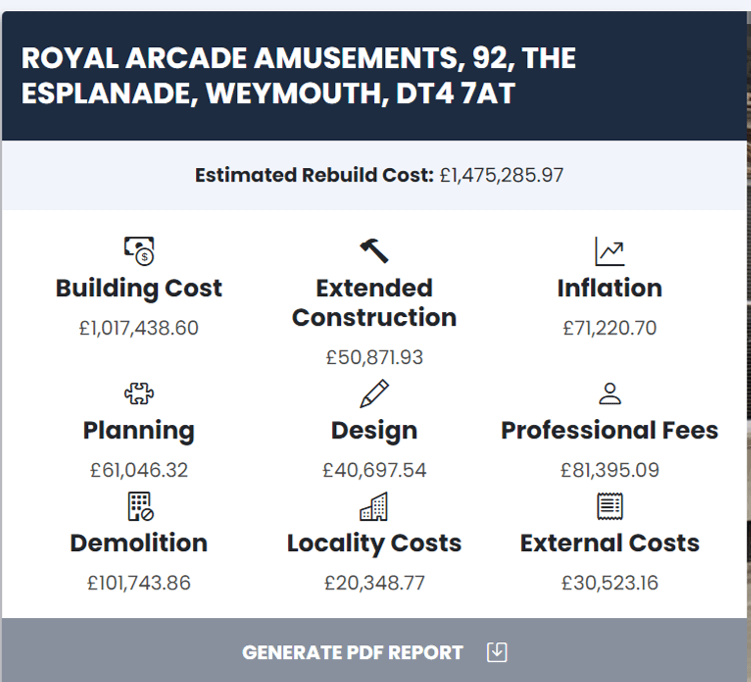 A screenshot of the Intelligent Rebuild Cost Platform's valuation summary'